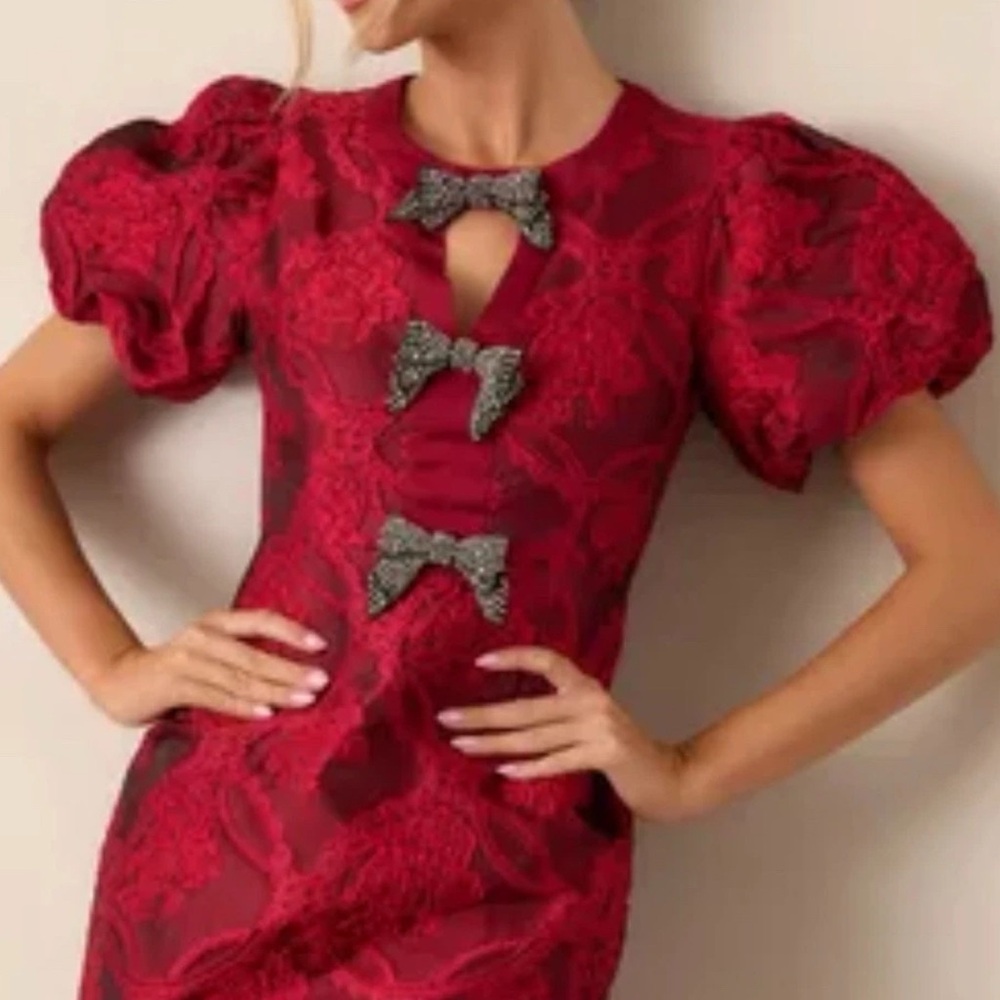 Entro USA Red Jacquard Bow Embellisment Short Dress Puff Sleeve Large valentines